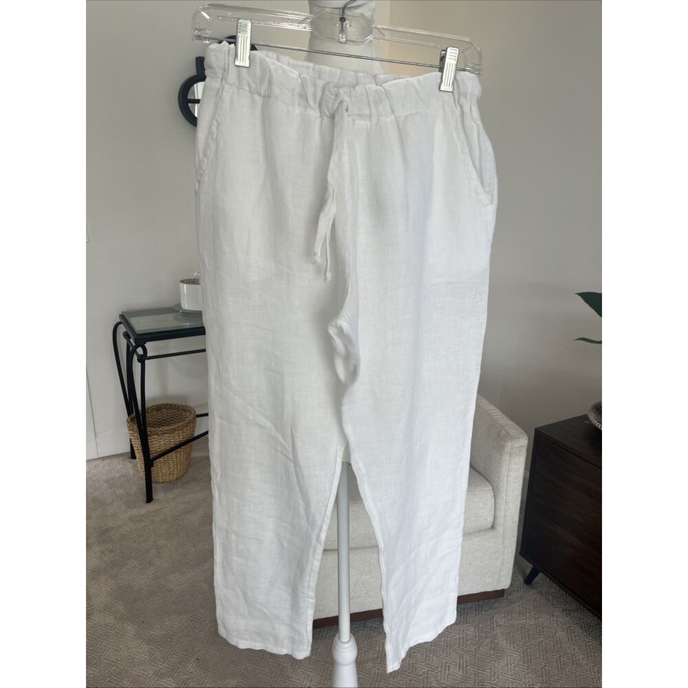 Suzy D London Women XS White Linen Capri Pants Lagenlook Pull On Pockets NEW